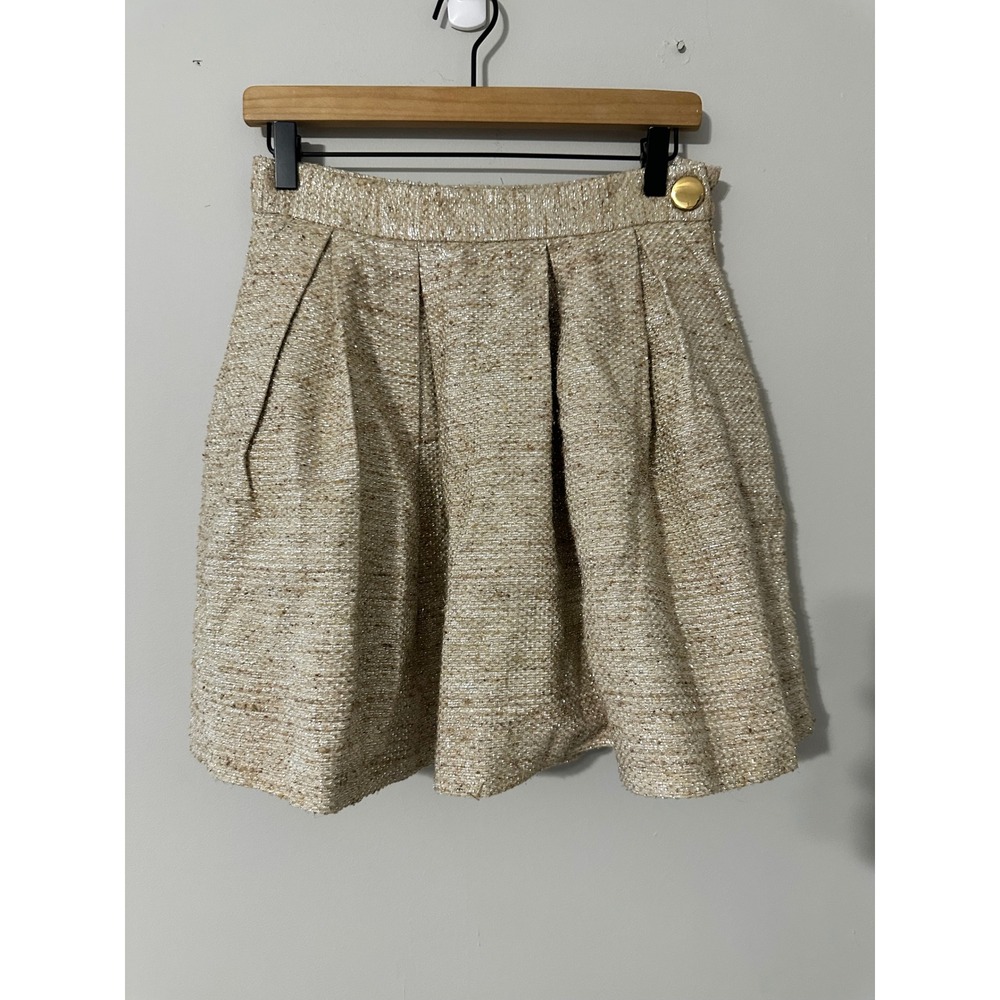 Hunter Dixon Women's Beige Gold‎ Tweed Pleated Mini Skirt Party Cocktail Size 2